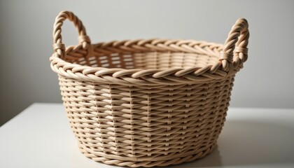 Photorealistic round woven laundry basket mockup with handles.