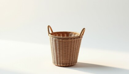 Photorealistic rattan laundry basket mockup on white background.