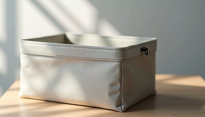 Modern fabric storage box mockup with lid on wooden surface.