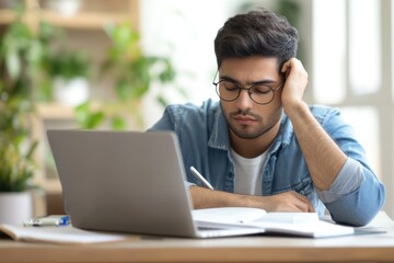 Fototapeta premium A quiet image of an introvert planning their tasks with a notebook and laptop