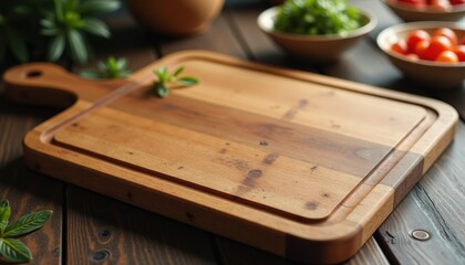 Elegant rustic wooden cutting board mockup with knife marks on dark table.