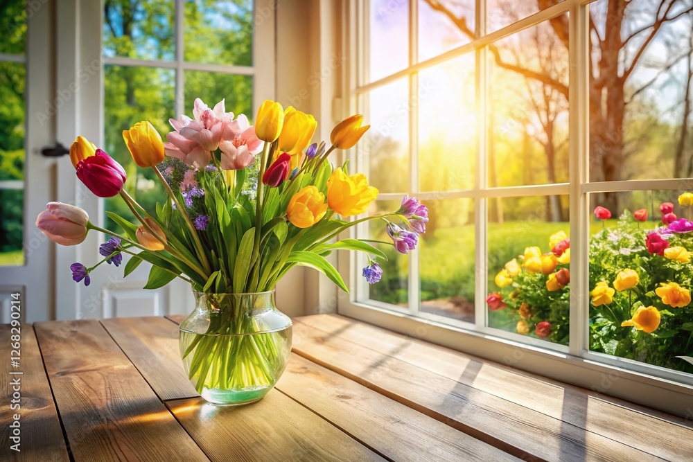 Poster springtime wooden table mockup: empty space for product display with flowers & window light