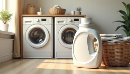 Photorealistic laundry detergent packaging mockup, large family-size detergent bottle with bold label, set against cozy laundry room scene with neatly folded clothes, soft warm lighting with realistic