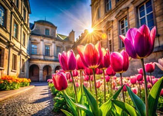 Fototapeta premium Spring Tulips Blooming in Architectural Courtyard, Vibrant Floral Display