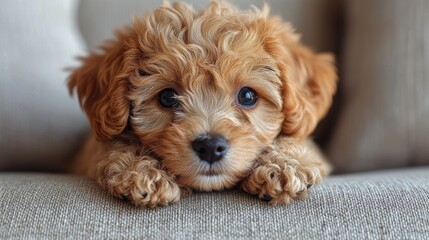 A cute, fluffy puppy resting its chin on a soft surface, looking adorable.