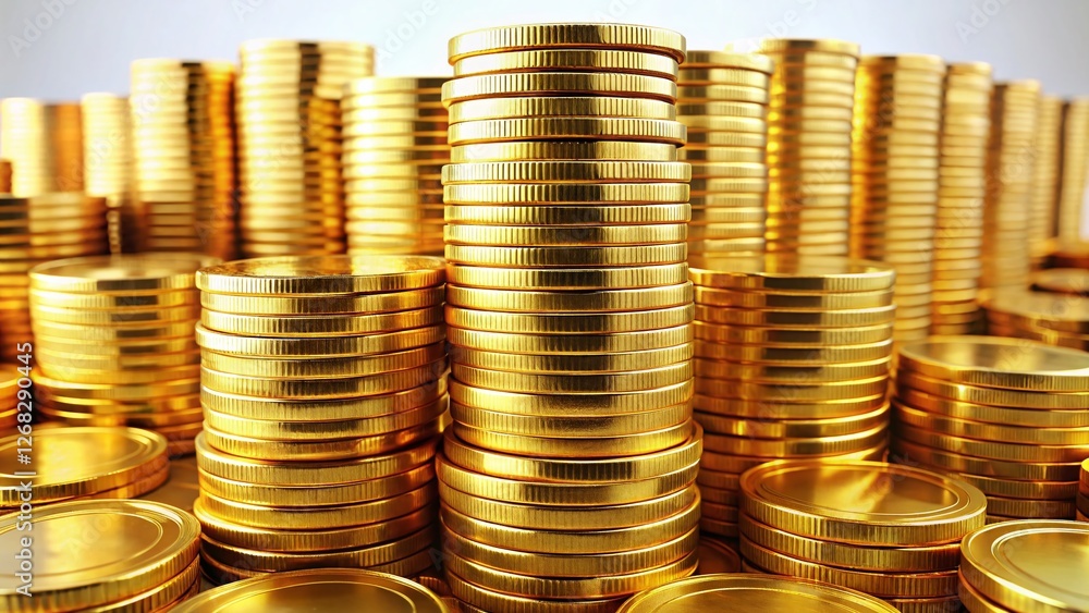 Poster stack of shiny gold coins with high depth of field - isolated on background