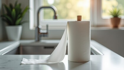 Photorealistic paper towel roll mockup, paper towel roll with a few sheets pulled out, placed near sink with soft natural lighting, subtle reflections for realism