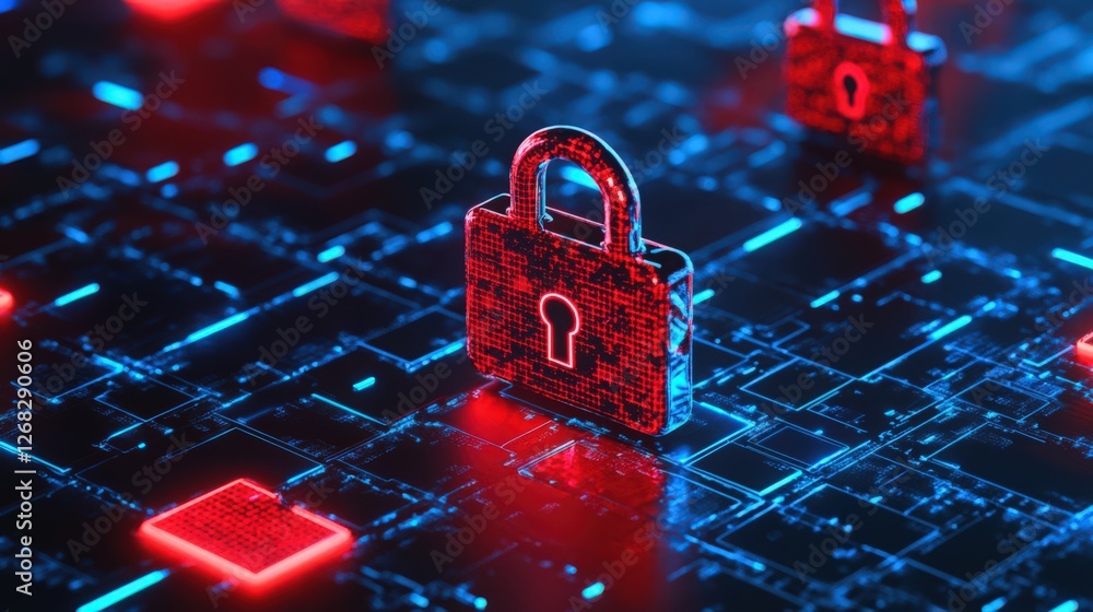 Poster cybersecurity: digital lock on circuit board for data protection
