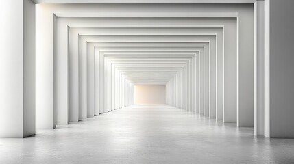 Expansive modern interior space with white walls and a symmetrical perspective leading to a bright end