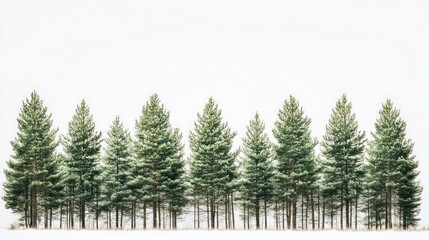 Fototapeta premium Snowy pine trees line, winter landscape, minimal, nature, postcard