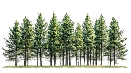 Row of pine trees, isolated, white background, nature, environmental