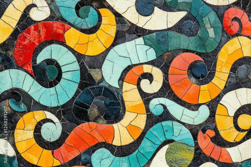 Poster a seamless abstract pattern with swirling vibrant colors forming a textured mosaic.