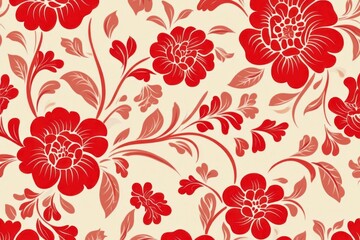 Obraz premium A seamless vintage wallpaper pattern featuring elegant red and cream floral chinoiseries with intricate decorative blooms.
