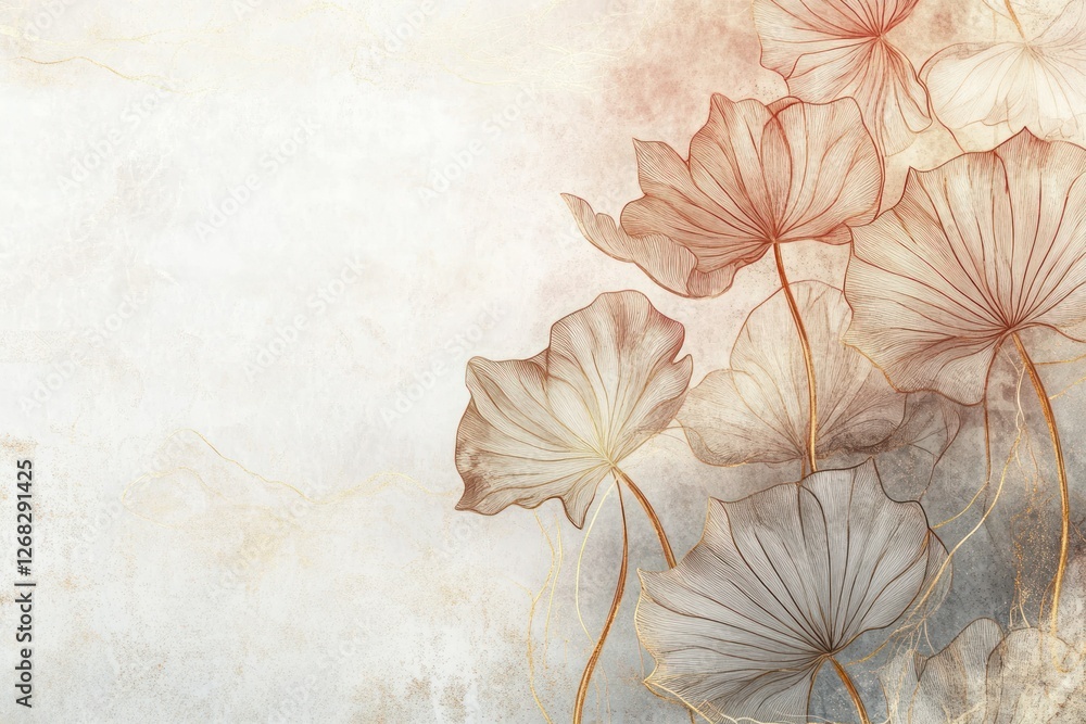 Aufkleber a serene design with lotus leaves sketched in shimmering gold lines, placed on a soft gradient backg