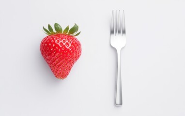 Fresh Strawberry and Silver Fork on White Background