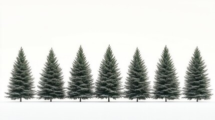 Obraz premium Snowy evergreens row, winter landscape, white background, Christmas card