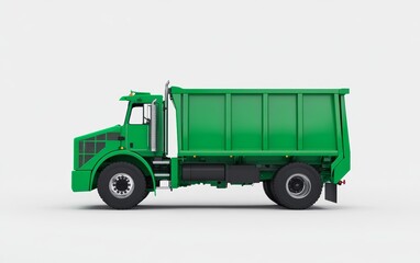 Green Dump Truck Side View on White Background