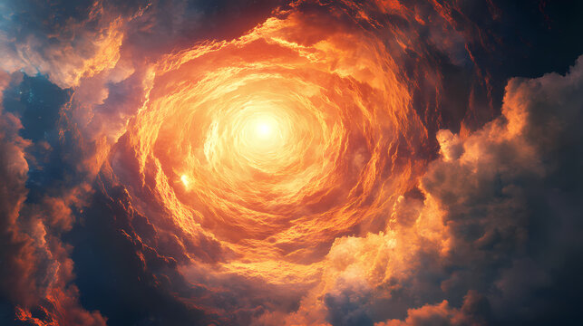 Heaven with light glow from the eternal horizon, concept of adventure to unknown place. Eternal Sunset Valleys. Illustration