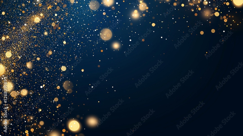 Poster a shimmering background of golden particles against a deep blue backdrop, creating a festive and mag