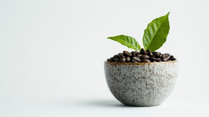 Coffee beans, plant sprout, bowl, white background, product shot