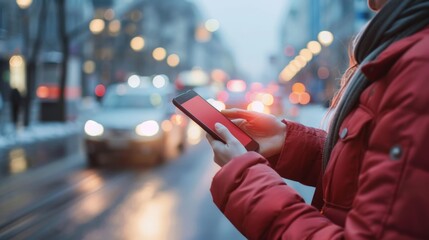 A person using a smartphone to book a ride-sharing service in the city with