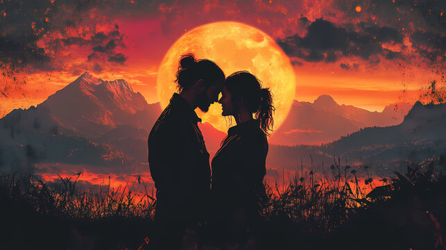Love and loyalty, eternal love, unbreakable bond, twin flames. Eternal Sunset Valleys. Illustration