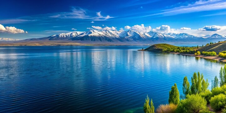 Stunning Lake Sevan Panorama: Majestic Mountains & Azure Waters - Armenia Stock Photo