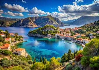 Fototapeta premium Stunning panoramic view of Assos Bay, Kefalonia, Greece from the hills. Breathtaking coastal scenery, idyllic Greek village, turquoise waters.