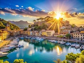 Fototapeta premium Stunning Panoramic View of Port de Soller, Mallorca - Sunny Weekend Scene