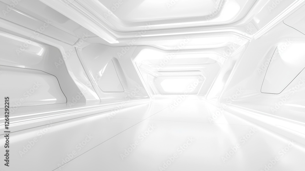 Poster a sleek, futuristic corridor with white walls and soft lighting, creating a clean and minimalistic s