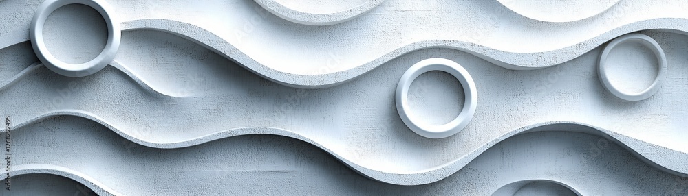 Poster a textured surface featuring wavy patterns and circular indentations in subtle shades of white and g