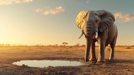 Fototapeta premium Elephant drinking at sunset in African savanna