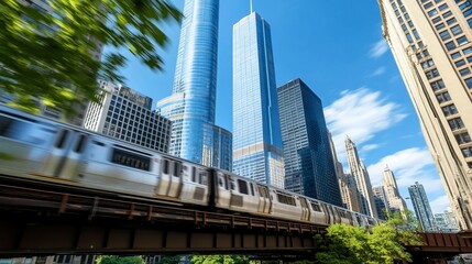 Naklejka premium Elevated Train Speeds Through City Skyline