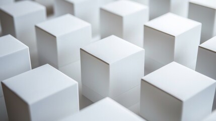 A close-up view of numerous white cubes arranged in a grid pattern, creating a clean and minimalist aesthetic.