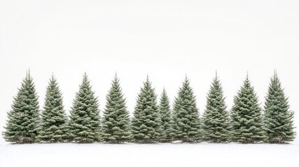 Obraz premium Snowy Christmas trees row, winter wonderland, white background, holiday card