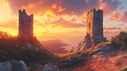 Fototapeta premium Two ancient stone towers stand on a hilltop overlooking a valley and the sea at sunset. Eternal Sunset Valleys. Illustration