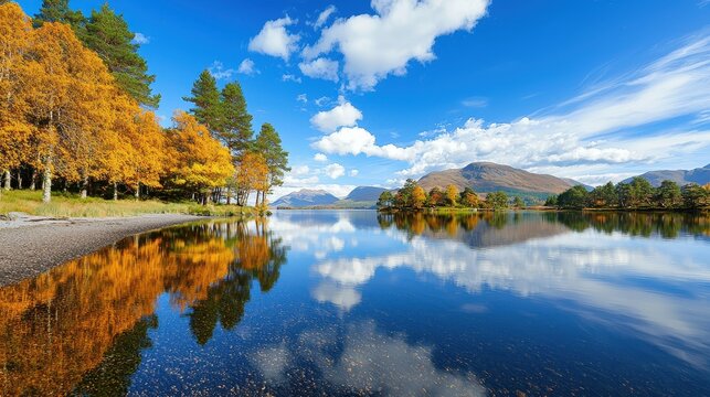 Scottish lake reflects autumn trees and sky beautifully clearly