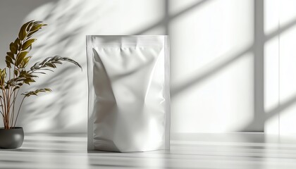 Minimalist plastic bag mockup, clean white aesthetic, topside angle, crisp lighting, photorealistic details, premium packaging render