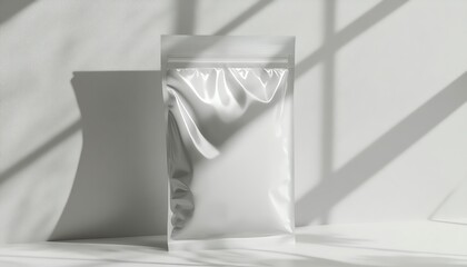 Minimalist plastic bag mockup, clean white aesthetic, topside angle, crisp lighting, photorealistic details, premium packaging render