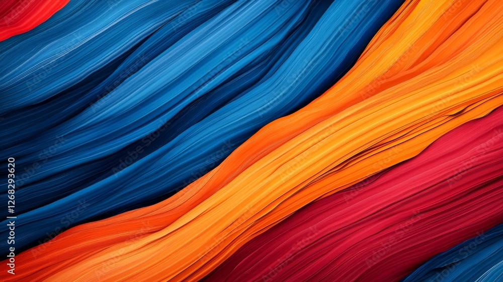 Poster a vibrant abstract design featuring flowing waves of blue, red, orange, and yellow hues, creating a 