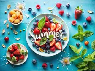 Summer Breeze: White & Blue 3D Text Effect on Refreshing Food Photography