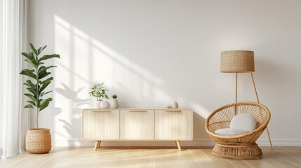 Minimalist living room interior design, sunlight, wicker chair, wooden cabinet, plant