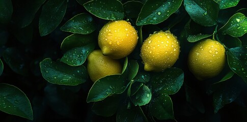 lemons with water droplets and green leaves on a dark background, close-up