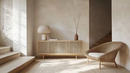 Modern living room, sunlight, wicker chair, sideboard, stairs