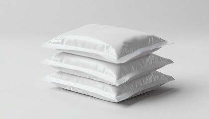 Stacked white sachet packet mockup, smooth matte finish, top view angle, professional branding design, soft realistic lighting, ultraHD render