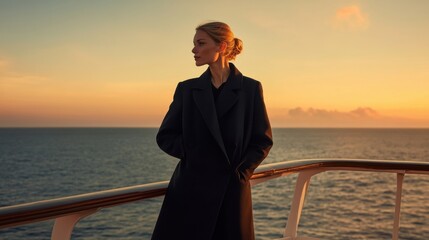 Fototapeta premium Woman standing on a cruise deck, admiring a Mediterranean sunset's warm hues.