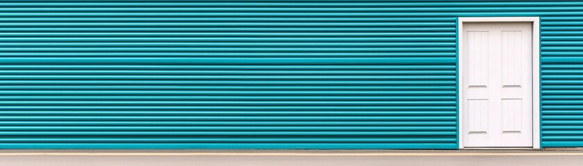 A vibrant teal wall with horizontal lines features a simple white door on the right, creating an eye-catching contrast and modern aesthetic.