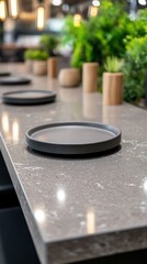 Fototapeta premium Empty plates on counter, plants background, cafe setting, food service