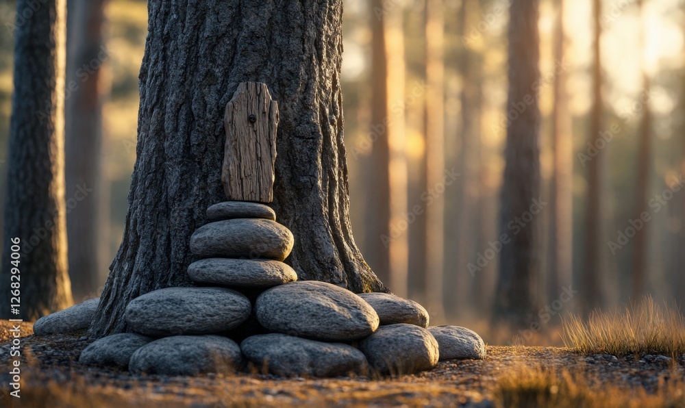 Poster tranquil forest scene with a tree and stacked stones, sunlight filtering through trees