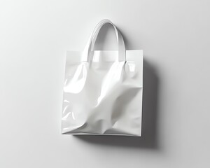 Topside view plastic bag mockup, white matte finish, highdetail creases, realistic lighting, photorealistic rendering, elegant minimalist style